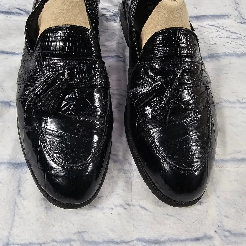 Stacy Adams Loafers Mens 10.5 Black Genuine Snake Leather Tassel Croc Embossed